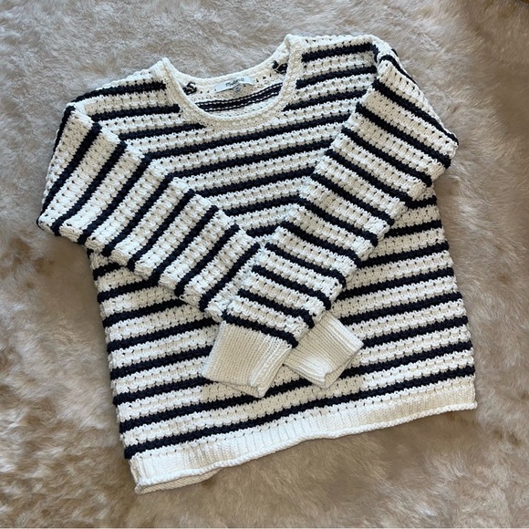 Madewell Striped Open-Stitch Austen Pullover Sweater White and Blue XS - Picture 6 of 15